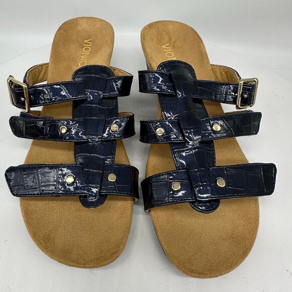 Vionic Radia Slip On Wedge Patent Croc Leather Blue Sandal Womens Size 9 - Picture 10 of 14
